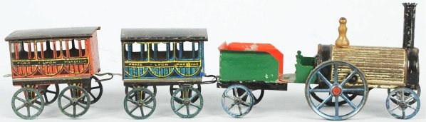 Very Early Tin Clockwork Passenger Train Set.: French. Working. Includes very early steam type engine with gold wash boiler and original smoke stack. Hand-painted tender and lithographed PLM passenger cars with hand-painted roofs. Set also has unu