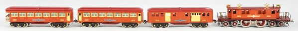 Contemporary MTH Ives 1764 Passenger Train Set.: Includes no. 1764E electric type engine with motor marked "Lionel", no. 1776 pullman car, no. 1777 baggage car, and no. 1778 observation car. Very attractive set appears to be unused. All in original