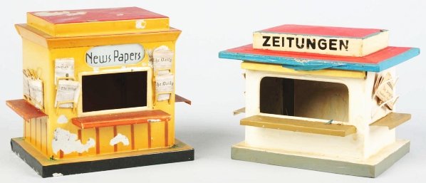 Lot of 2: Hand-Painted Tin Bing Train Items.: German. Includes one buffet station and one newsstand with some paint flaking and wear throughout. Condition (Very Good). Size Largest: 5" x 4 - 3/4".