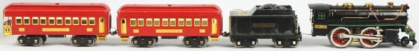 Lionel Standard Gauge No. 384 Passenger Train Set: Short car set includes no. 384 steam engine with green stripe and matching no. 384T tender. Also includes two passenger cars consisting of a no. 337 pullman in red and no. 338 observation in red. Set 