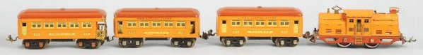 Tinplate Lionel No. 250 Passenger Train Set.: American. Pre-war. O-gauge. Set includes no. 250 electric style engine, two no. 603 pullman cars, and no. 604 observation car. Moderate scratching and wear throughout. Includes set box and individual 