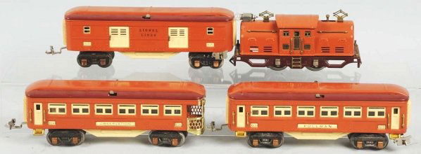 Tinplate Lionel No. 252 Passenger Train Set.: American. Pre-war. O-gauge. Includes no. 252 electric style engine, no. 613 pullman car, no. 615 baggage car, and no. 614 observation car. All cars are restored in terracotta. Includes original boxes