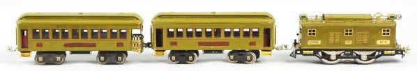 Lionel Standard Gauge No. 8 Passenger Train Set.: Includes Lionel no. 8 electric engine in olive green with two passenger cars. Passenger cars include no. 337 pullman car and no. 338 observation car. Some scratching and wear to roofs. Includes origin