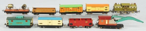 Lionel O-Gauge No. 254 Freight Train Set.: American. Pre-war. Includes no. 254 electric style engine and eight 800 series freight cars. All of the freight cars are restored but engine is original. Includes original boxes for five cars and the