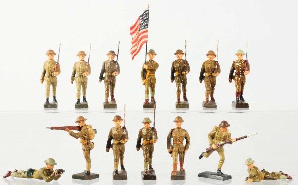 Lineol US Lot of 15 Soldiers.: Includes mostly 7.5cm figures but there are a couple of smaller soldiers. Condition (Very Good - Excellent).