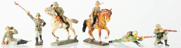 Lineol German Army Toy Soldiers.: This lot contains an Elastolin cap-firing lying, firing soldier, two mounted soldiers, and three others. Wear and cracks on most. Condition (Good - Very Good).