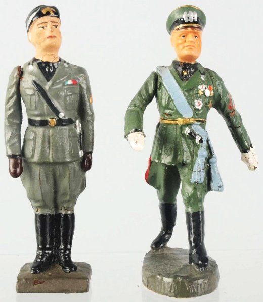 Lineol & Elastolin 7cm Mussolini Figures.: Lineol has a detached movable arm. Elastolin has a porcelain head and movable arm. Condition (Excellent - Near Mint).