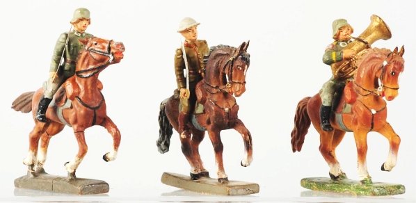 Lineol Mounted Musician & 2 Officers.: Includes a German mounted musician, German officer, and a US soldier. Small cracks on bases and legs. Condition (Good - Very Good).