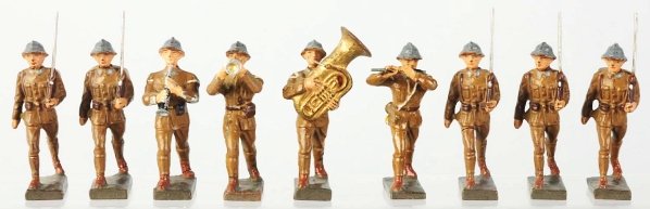 Lineol Polish Army Marchers & Musicians.: Nine figures are believed to be Polish. Brown uniforms and blue-gray Adrian helmets. Some slight cracking and wear. Condition (Very Good).