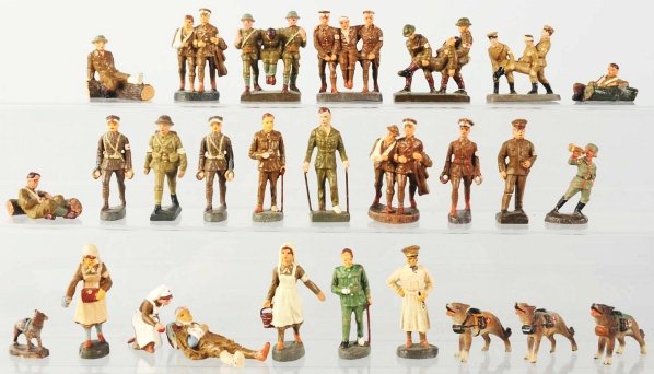 Elastolin & Lineol US Medical Figures.: Large lot of mostly US medical toy soldiers of various sizes. Some paint wear, cracks, and embellishments noted. There is even a SA medical dog in this lot. Condition (Good - Very Good).