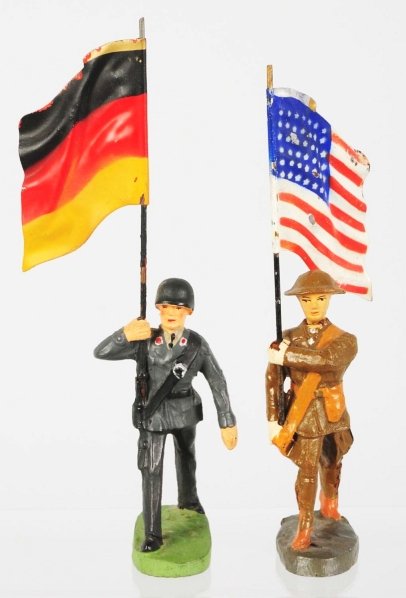 Elastolin 7cm US & Bundeswehr Flagmen.: Lot of two nice condition flagbearers. US and post-war Bundeswehr. Condition (Excellent - Near Mint).