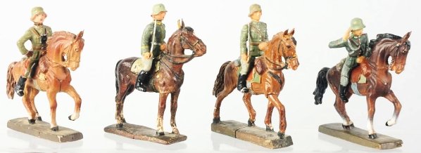 Lot of 4: Lineol German Horse with Riders.: Cracking and wear. Condition (Very Good).