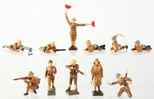Lineol French Army Soldiers in Adrian Helmets.: Includes 11 soldiers in various positions. A few different helmet colors are noted. Condition (Very Good - Excellent).