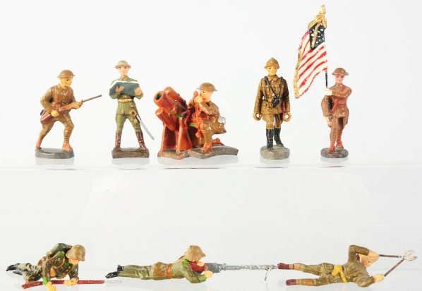 Lineol & Elastolin 7cm Foreign Troops.: Includes nine different US and other soldiers. The two soldiers with tags are from the Hausser Archives. Condition (Very Good - Excellent).
