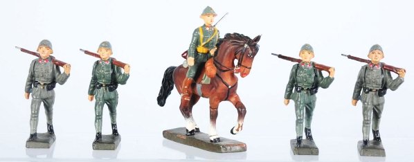 Lineol 7.5cm Marchers & Mounted Figures.: Lot of five includes four marchers and one mounted figure of unknown nationality. Some cracks on horses legs. Condition (Excellent - Near Mint).