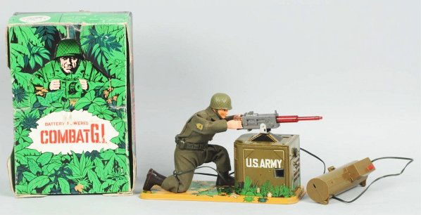 Extremely Scarce Battery-Operated Combat GI Toy.: Japanese. Made by Tomy. Working. Comes with remote control. Depicts GI shooting a machine gun. Lights up, shoots cap, and has recoil action. Includes original box with some creasing. Condition (Very G