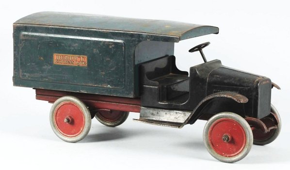 Pressed Steel Buddy L Express Line Truck.: American. Rear box truck with Buddy L Express Line decals on both sides. Some fading throughout and some moderate paint loss, especially to roof and front fenders. Left front fender is slightly bent. 