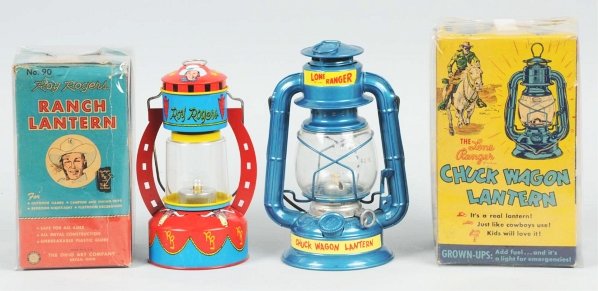 Lot of 2: Roy Rogers & Lone Ranger Lanterns.: Includes original boxes. Lanterns are made by Dietz and Ohio Art. Boxes show some caving and wear. Extremely rare lantern because it still retains the original decals; these decals were usually remove