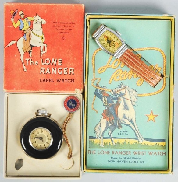 Lot of 2: Lone Ranger Watches in Boxes.: Pocket watch is in working condition and watch runs for a little then stops. Box lid has been slightly touched up. Condition (Very Good - Excellent). Size Largest Box: 6 - 3/4" x 3 - 3/4".