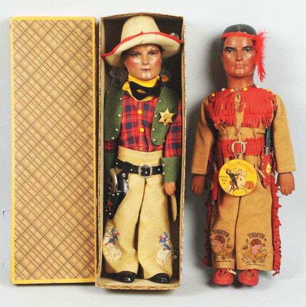 Lone Ranger Doll in Box & Tonto Doll.: The Lone Ranger doll is nicer than most you will see. Includes original box with label. Tonto has some wear and splitting on his pants and top. Condition (Very Good - Excellent). Size Largest: 20 - 1/