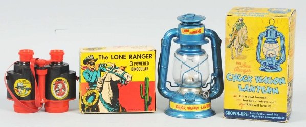 Lot of 2: Vintage Lone Ranger Items.: Circa 1950s. Includes Chuck Wagon Lantern with original box and set of plastic binoculars in very colorful original box. Some creasing to boxes. Lantern is rare because people removed decals to use as
