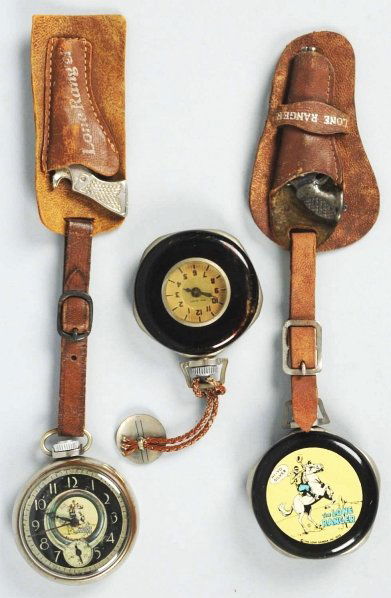 Lot of 3: Lone Ranger Pocket Watches.: All include fobs. The two watches with art work on backs are running. These are original. The watch with the Lone Ranger on the face of the dial is a fantasy item. Condition (Very Good). Size Each: 2"