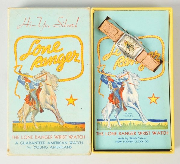 Lone Ranger Character Wrist Watch.: Circa 1930s to 1940s. Working. Includes original box with insert and paperwork. Box has creasing and edge wear. Condition (Very Good).