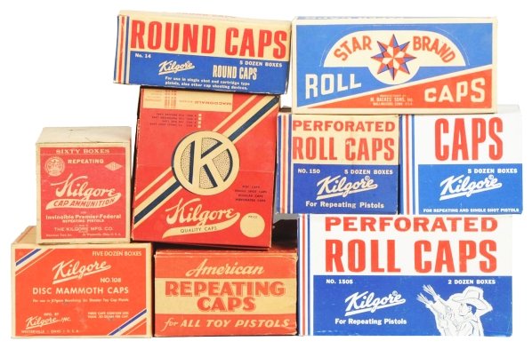Lot of 9: Boxes of Cap Gun Caps.: Nice group of display boxes. The Circle K and Kilgore repeating caps are very rare. Condition (Very Good). Size Largest Box: 10 - 3/4" x 4 - 1/4".