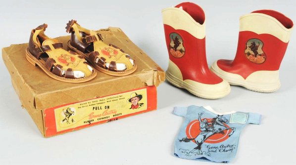 Gene Autry Sandals & Rubber Boots w/ Box.: Sandals look to be never worn and have "Autry" on the bottom. They do have leather splitting. Box is poor and heavily taped, however, the label is alright. Condition (Very Good - Excellent). Size Box: