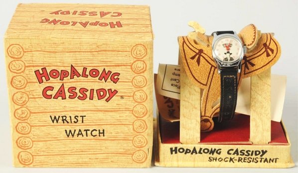 Hopalong Cassidy Character Wrist Watch.: 1950. US Time. Watch is not working. Includes original box with saddle insert and paperwork. Condition (Very Good).