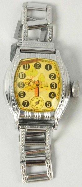 Boy Scout Wrist Watch.: 1937. Made by Ingersoll. Working. Scarce watch has Boy Scout phrases around dial. Link wrist band. Some wear to back of case. Condition (Very Good).