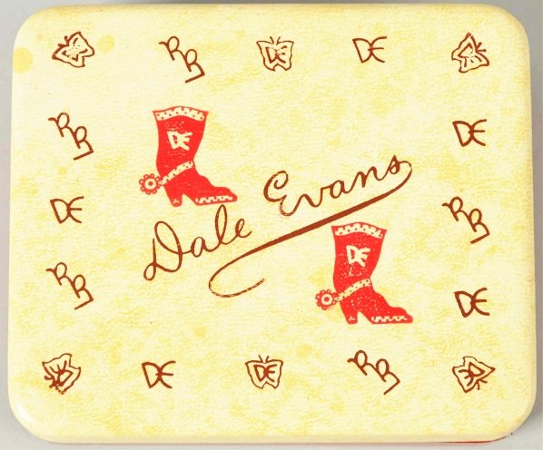 Dale Evans Character Wrist Watch.: 1955. Made by Ingraham. Working. Variation with brown background. Shows Dale and her horse Buttermilk. Original leather band. Inside plastic crystal is detached but present. Includes original box. Con