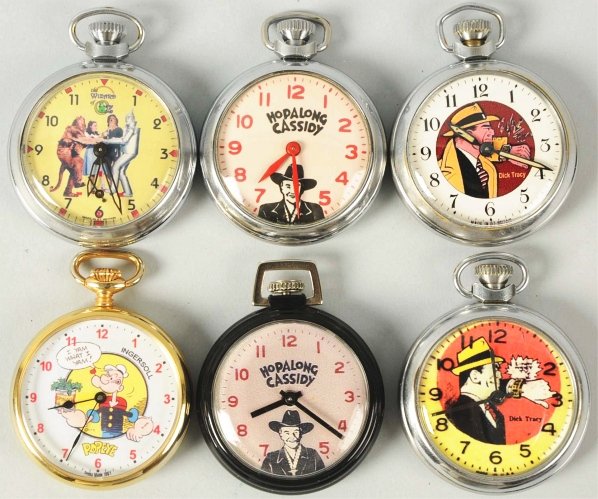 Lot of 6: Contemporary Character Fantasy Watches.: Includes two Dick Tracy, two Hopalong Cassidy, one Wizard of Oz, and one Popeye. Most are running. Condition (Excellent).