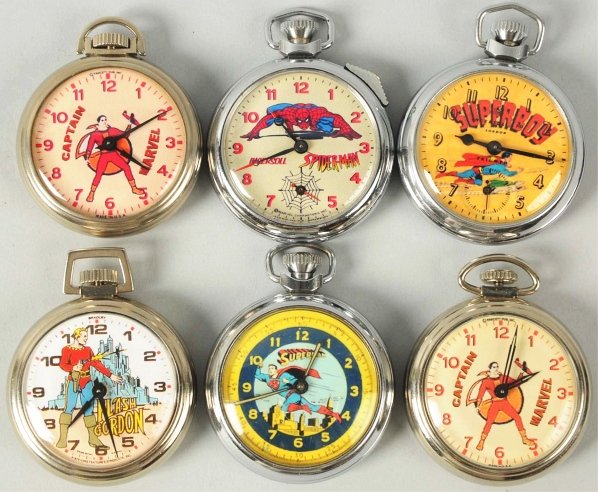Lot of 6: Contemporary Character Pocket Watches.: Some are fantasy pieces and some have laser-copied dials. Includes two Captain Marvels, one Spiderman, one Superman, one Super Boy, and one Flash Gordon. Most are running. Condition (Excellent).