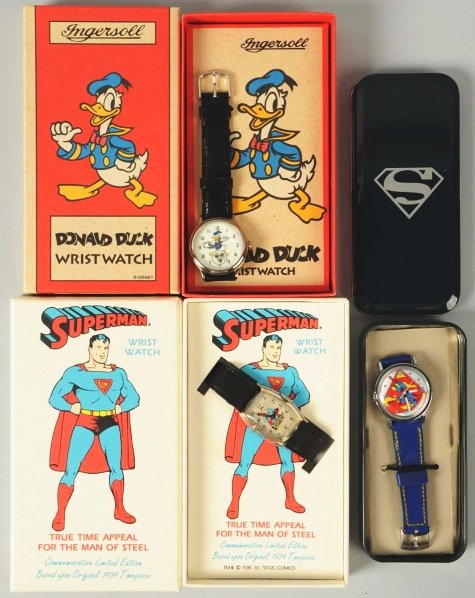 Lot of 3: Contemporary & Commemorative Watches.: All in their original boxes. Includes two Superman and one Donald Duck. One of the Superman watches does not work. Condition (Excellent).