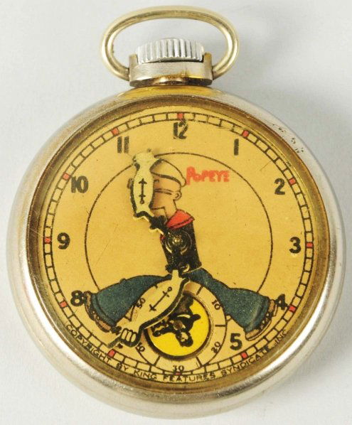 Popeye Character Pocket Watch.: 1935. New Haven. Working. Second hand depicts Wimpy chasing a hamburger. Second year watch without the Thimble Theater characters. Dial has darkened a bit. Condition (Very Good).