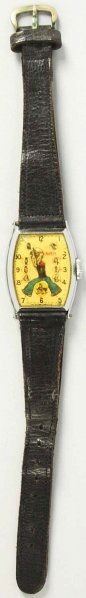 Scarce Popeye Character Wrist Watch.: 1935. New Haven. Thimble Theater characters around dial. Some scratching to watch face and crystal. Watch is not working. Condition (Very Good).