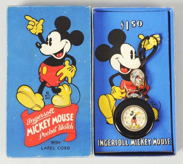 Disney Mickey Mouse Character Lapel Watch.: Working. This is one of the scarcest Mickey Mouse pocket watches. Includes original box, insert, and paperwork. Also comes with a paper for a subscription to Mickey Mouse Magazine dated "1937" and a l
