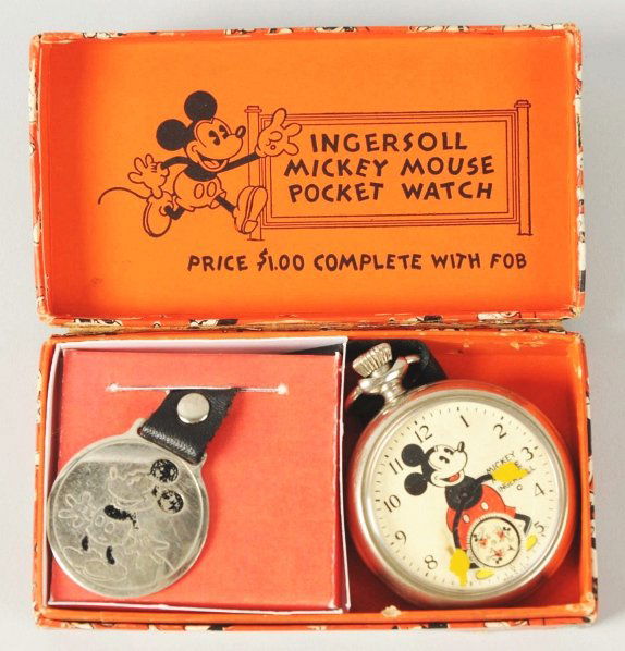 Walt Disney Mickey Mouse Character Pocket Watch.: 1933. Made by Ingersoll. Watch is working and has three Mickey's that run and act as the second hand. Comes with embossed watch fob and is embossed "Ingersoll Mickey Mouse" on the back along with a de