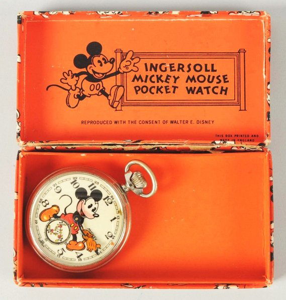 Walt Disney Mickey Mouse Character Pocket Watch.: 1934. Made in Great Britain. One of the rarest pocket watches. Working. Face is marked "Foreign". Includes original box marked "Printed and Made in England". Watch does not have fob or fob insert. Box