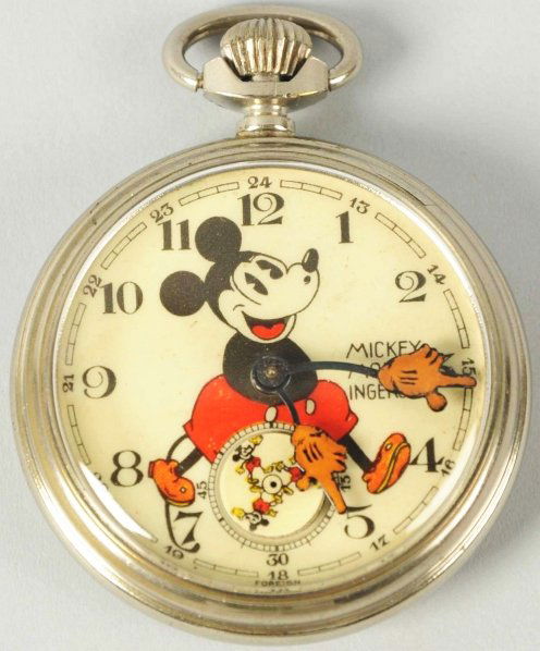 Walt Disney Mickey Mouse Pocket Watch.: Made in Great Britain. Three Mickey's running act as the second hand. Watch is not embossed on back of case. Watch is working but one arm is detached but present inside of the watch. Condition (Very G