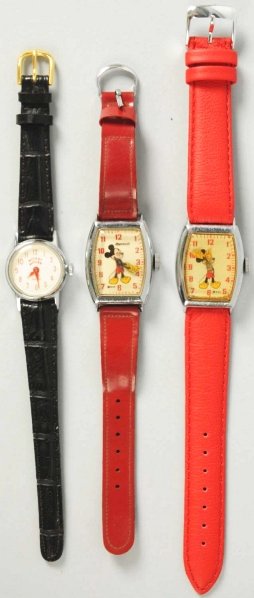 Lot of 3: Mickey Mouse Character Wrist Watches.: All made by Ingersoll. Two with replacement bands. One has its original band but needs to be put back together. Condition (Very Good).