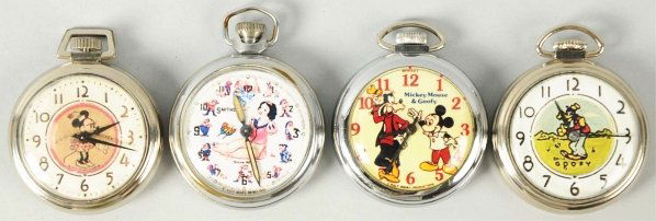 Lot of 4: Contemporary Disney Character Watches.: Includes fantasy pieces and some with re-done dials. Includes one Minnie Mouse, one Mickey with Goofy, one Goofy, and one Snow White. Most are running. Condition (Excellent).