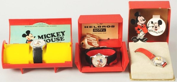 Lot of 3: Disney Mickey Mouse & Goofy Watches.: All in their original boxes and working. Includes one Mouseketeers watch, one later Bradley watch, and one more contemporary Helbros Goofy watch. Condition (Excellent).