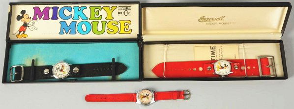 Lot of 3: Disney Mickey Mouse Character Watches.: All are working. Includes one earlier Ingersoll watch with original band and two later Ingersoll and Bradley/Timex watches. Both of the later watches have their original boxes. One watch with paper gu