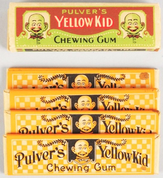 Yellow Kid Gum & Wrapper.: 1930s. Five sticks. One piece of gum stuck inside of package wrapper, could easily be removed. A few spots. Condition (Near Mint). Size 2 - 3/4" L.