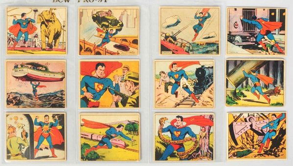 Superman Bubble Gum Trading Cards.: 1940. Includes numbers 2, 3, 4, 5, 6, 7, 9, 10, 12, 13, 15 and 70. Condition (Excellent). Size Each: 3" x 2 - 1/2".