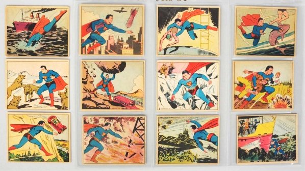 Superman Bubble Gum Trading Cards.: 1940. Includes numbers 20, 22, 23, 24, 26, 27, 29, 30, 31, 32, 33, and 34. Condition (Excellent). Size Each: 3" x 2 - 1/2".