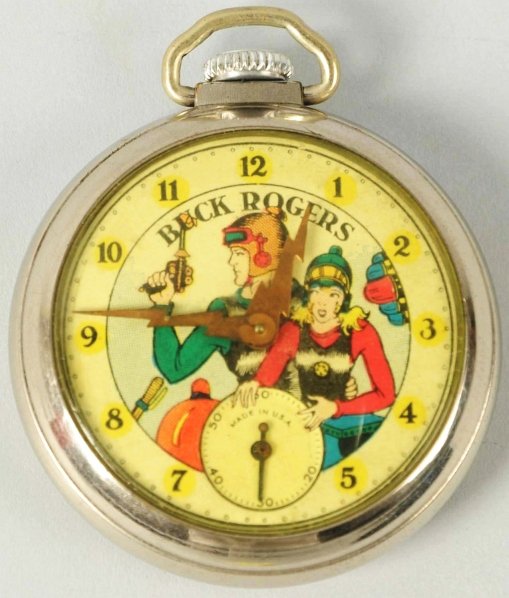 Buck Rogers Space Character Pocket Watch.: 1935. Ingraham. Working. Copper lightning bolt hands. Very desirable watch. Back of case engraved with one-eyed Tiger Man. Condition (Excellent).