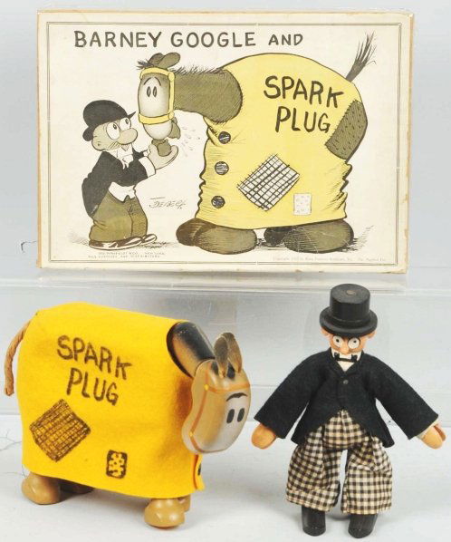 Schoenhut Barney Google & Spark Plug Figures.: Wood and composition. Painted face variations. Figure are all original including bright felt clothing. Includes original box with nice paper label showing the cartoon characters. Box marked "Copyright